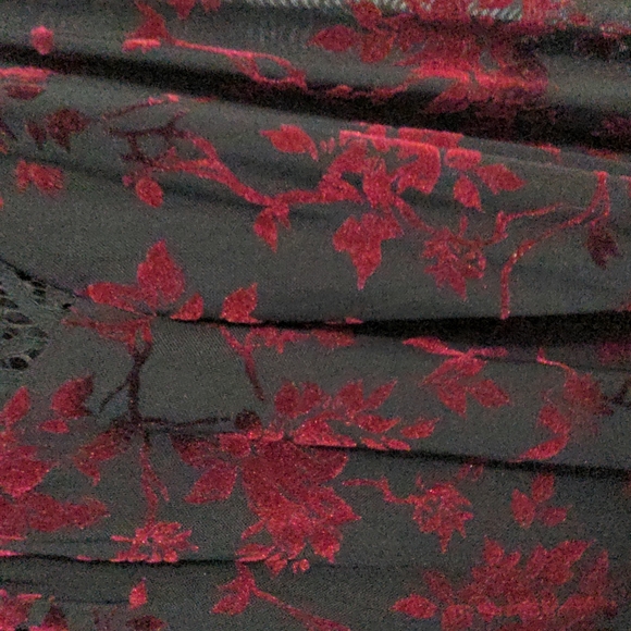 Mystree Size L Black and Deep Red Sheer Top with Lace and Bell Sleeves - Picture 5 of 9